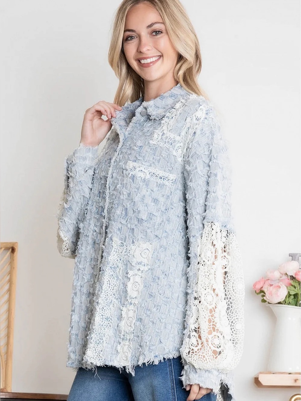 NWT Blue Velvet Tweed and Lace Button Down Top in Dusty Blue